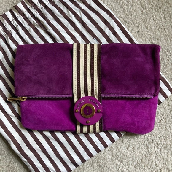 Henri Bendel Vibrant Purple suede Clutch with Striped Accent and Button Buckle - Picture 8 of 8